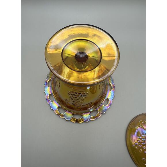 Vintage Indiana Marigold Harvest Grapes Pattern 6.85" Tall Candy Dish with Lid - Picture 4 of 6